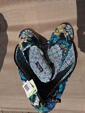 Vera Bradley Teal and Navy Quilted Floral Slippers with Travel Case